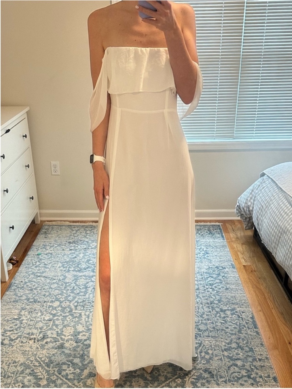White Off-Shoulder Maxi Dress with Thigh Slit